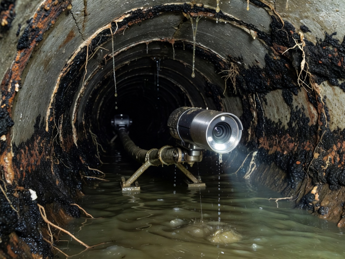CCTV drain inspection fiber camera head navigating underground municipal wastewater line
