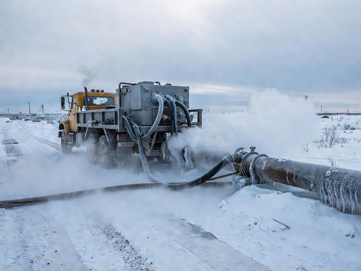 Industrial pipe thawing mobile unit in subzero winter conditions