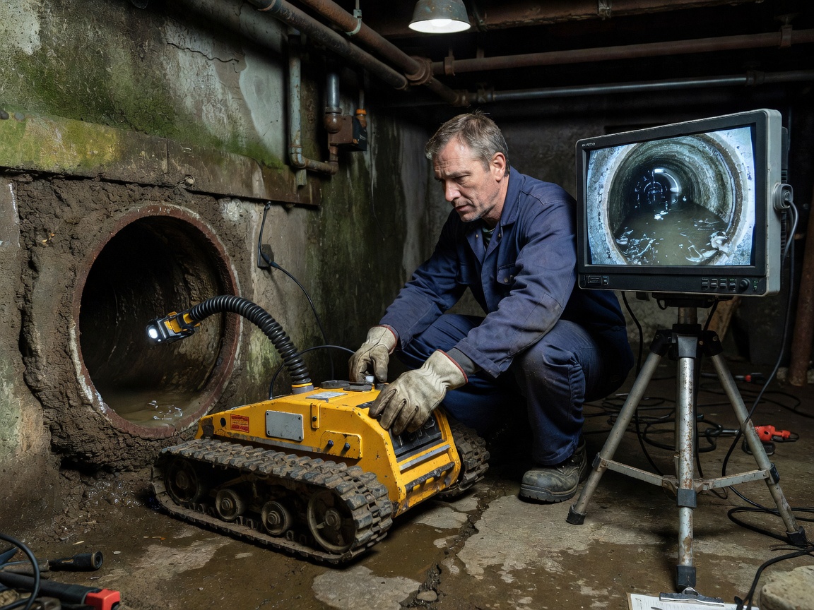 Specialist operating robotic CCTV drain camera inspection crawler with video monitor