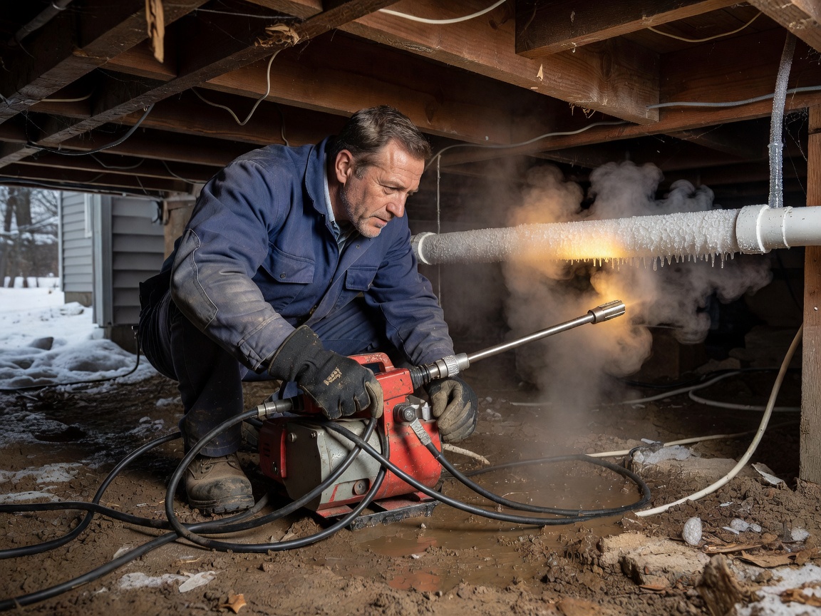 Specialist technician thawing frozen residential water line with industrial thermal equipment