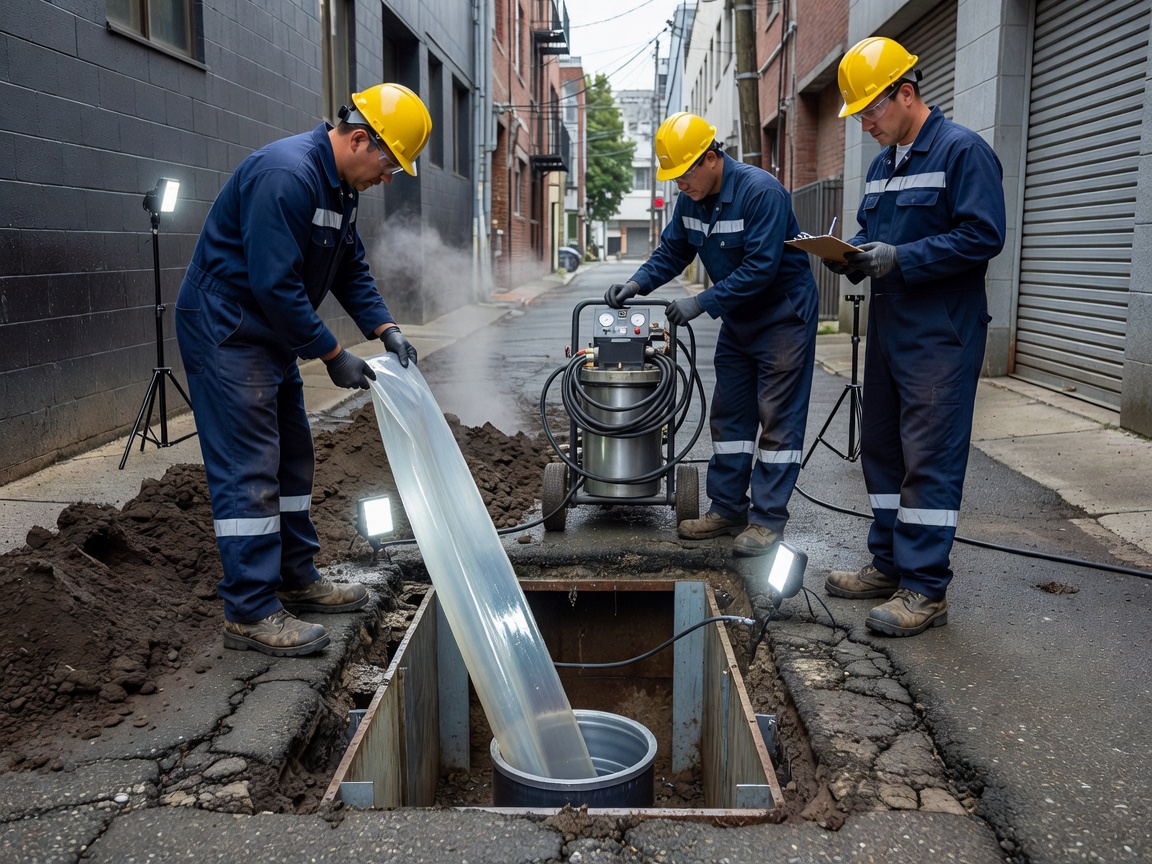 Trenchless sewer lining epoxy resin sleeve installation by certified plumbing crew